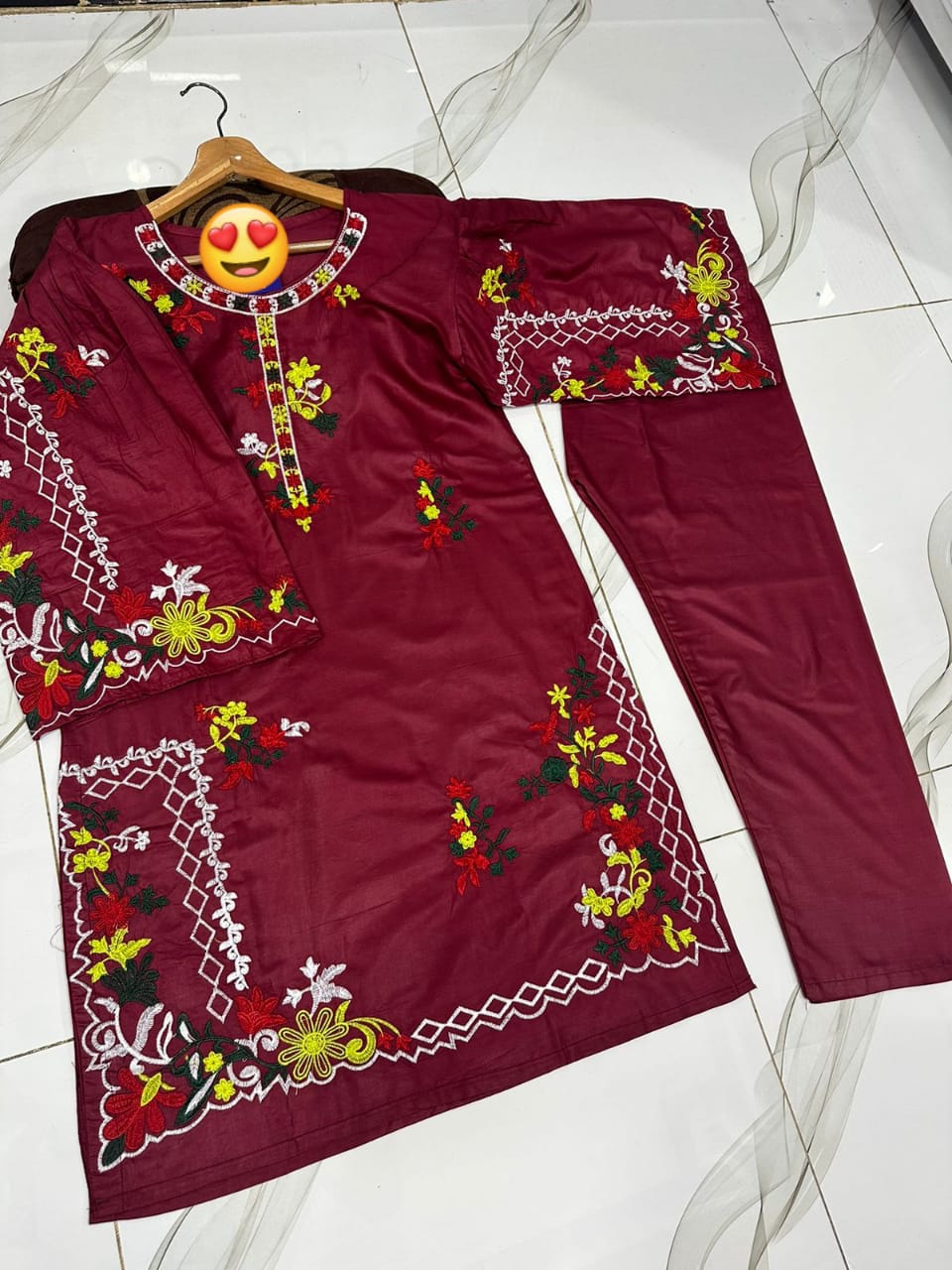 Multi Coloursful Long Sleeves Embroidery Shirt With Trouser 2Pcs