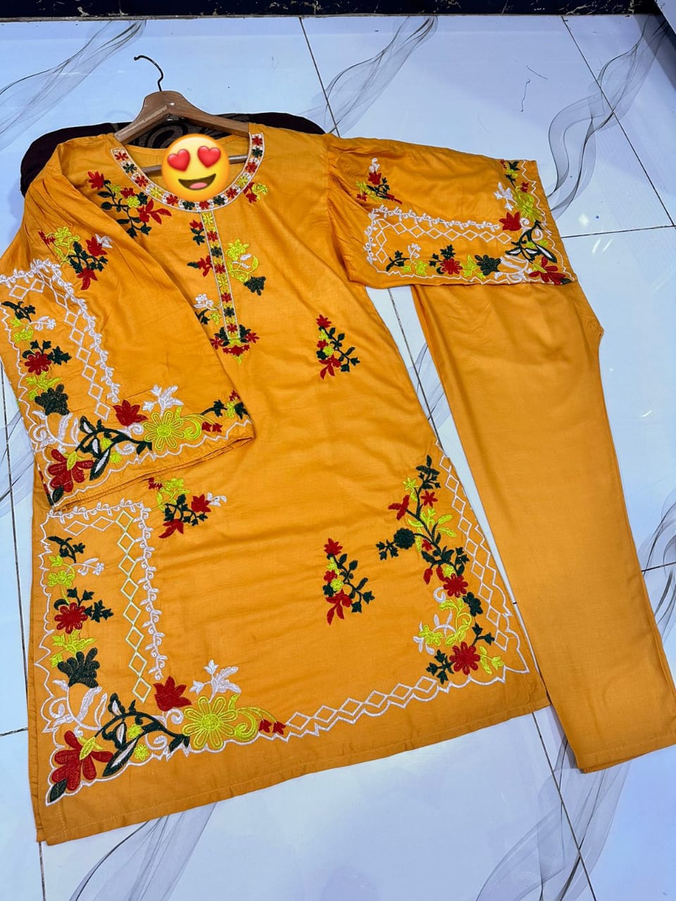 Multi Coloursful Long Sleeves Embroidery Shirt With Trouser 2Pcs