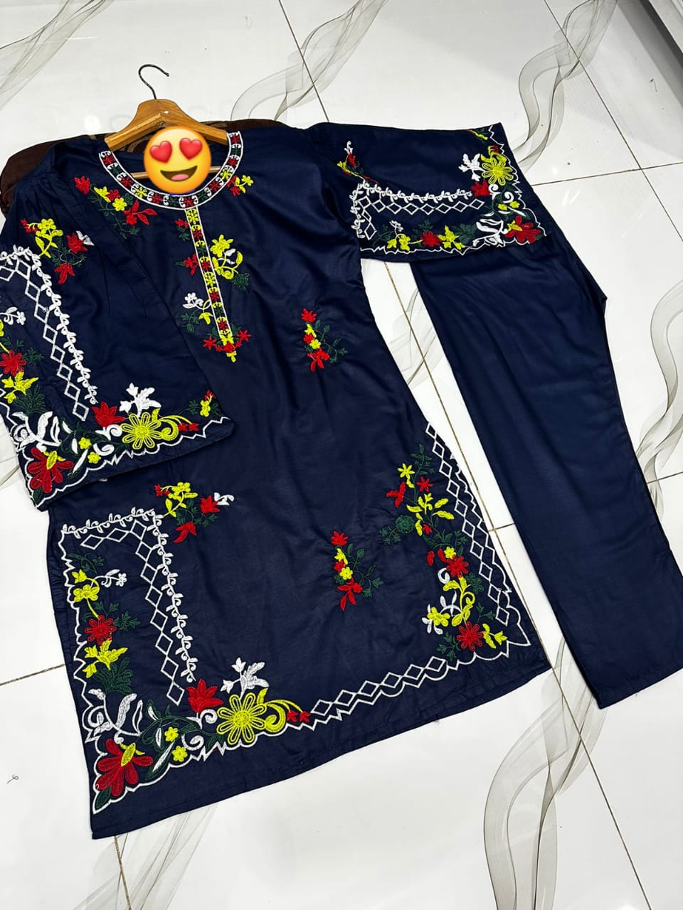 Multi Coloursful Long Sleeves Embroidery Shirt With Trouser 2Pcs