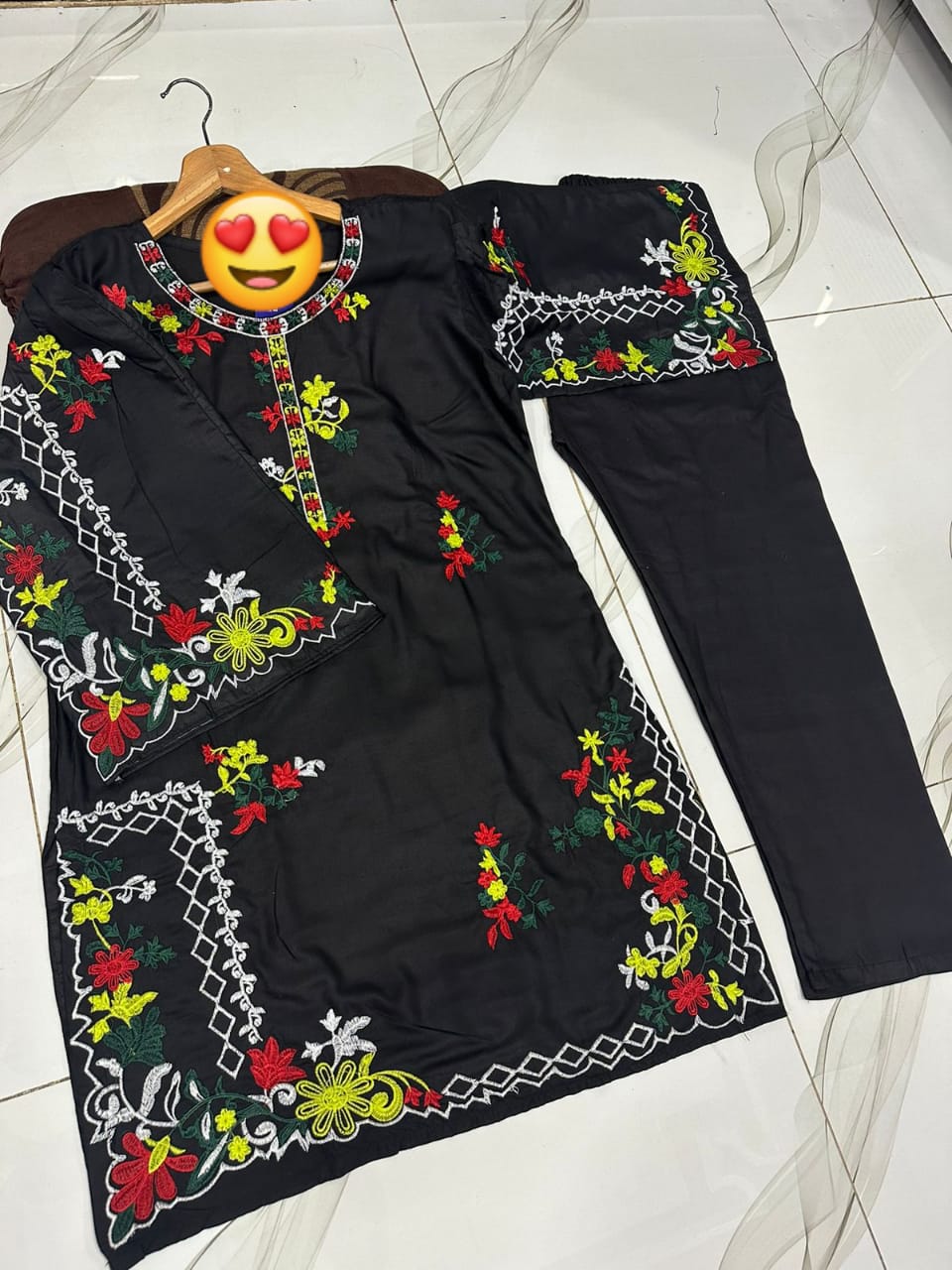 Multi Coloursful Long Sleeves Embroidery Shirt With Trouser 2Pcs