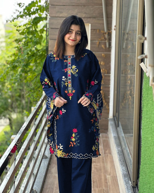 Multi Coloursful Long Sleeves Embroidery Shirt With Trouser 2Pcs
