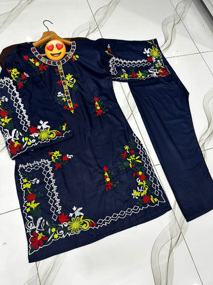 Multi Coloursful Long Sleeves Embroidery Shirt With Trouser 2Pcs
