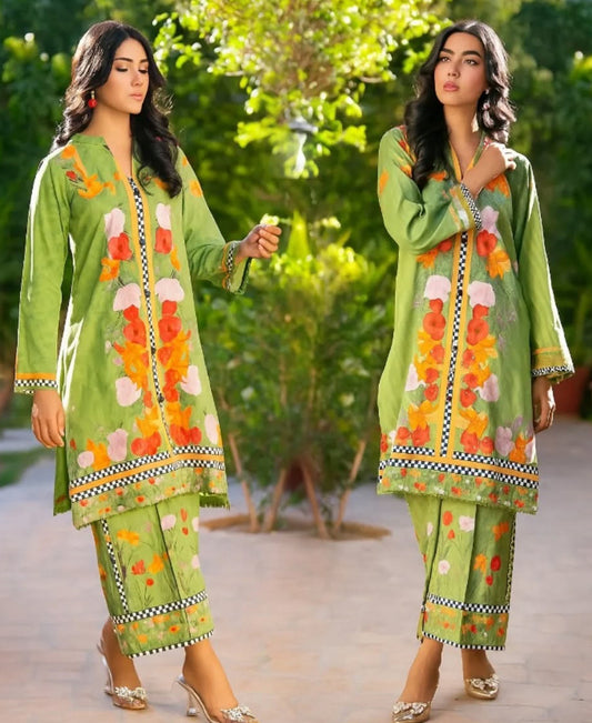 Digital Printed Swiss Lawn Mirror Lace Cord Set 2Pcs