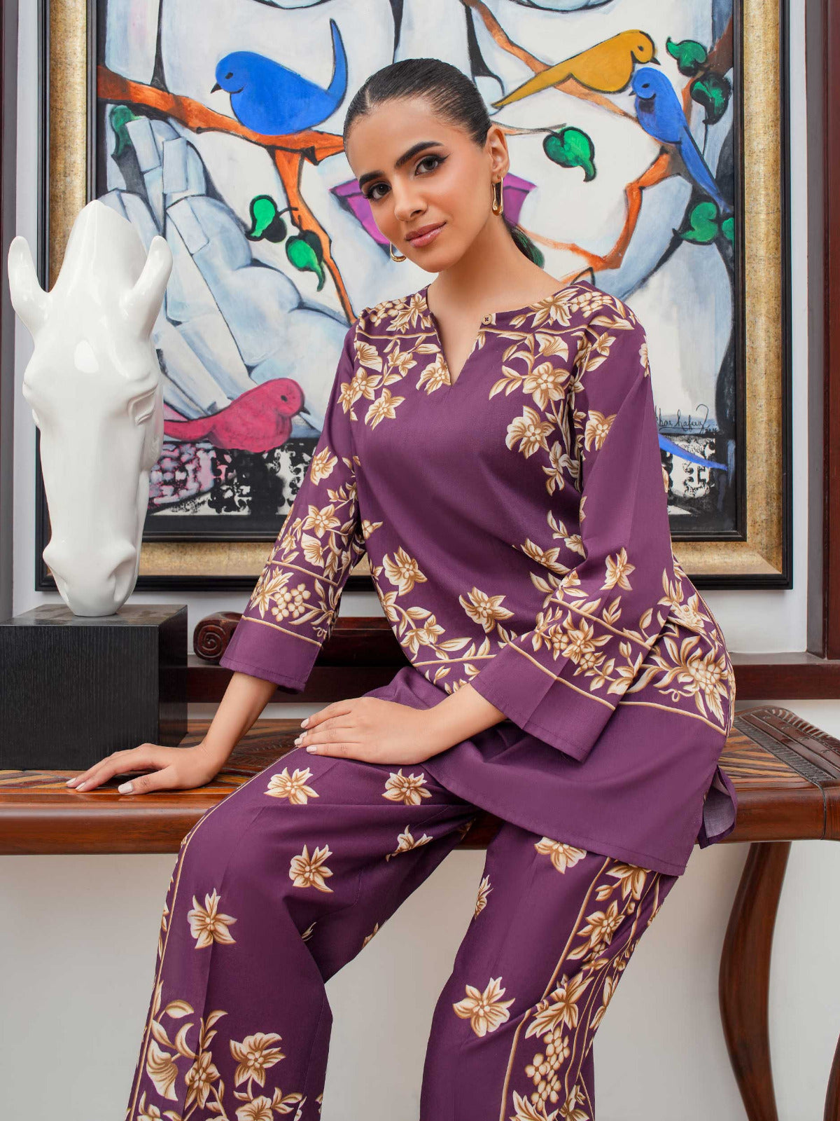 Digital Printed Shamose Silk Cord Set 2Pcs