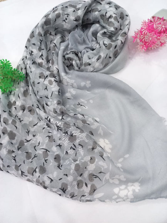 FLORAL LAWN DOUBLE TONE HIJAB - GREY & WHITE